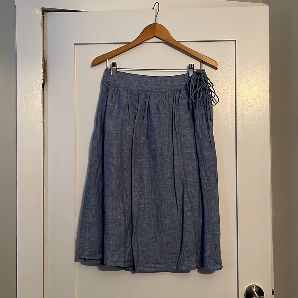J. Crew Easy Midi Linen Chambray skirt with side ties, size 2